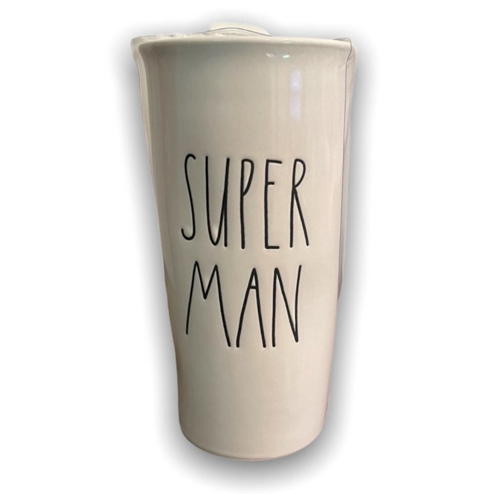 Rae Dunn Ceramic Travel Mug Ceramic Lid Large Letter Super Man By Magenta New